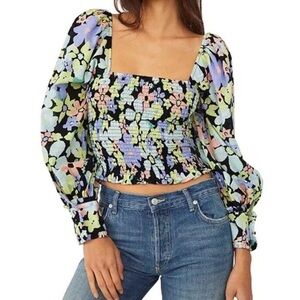 Free People Multicolor Ariana Floral Puff Long Sleeve Crop Top Blouse Size XS